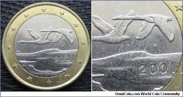 1 euro - (coin 2) die fatigue: partially filled zero/one and wing of left swan.