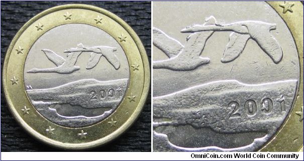 1 euro - (coin 3) die fatigue: partially filled zero/one, wing of left swan, and neck of right swan.