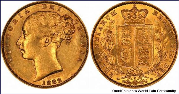 Sydney Mint shield sovereign of Victoria.