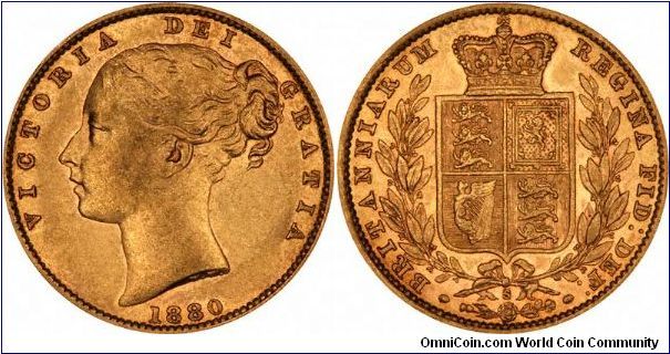 There are a couple of varieties of 1880 Victoria shield sovereigns, including an 1880 over 1870 overdate, this is the normal type. This one from the Sydney Mint, 'S' mintmark below shield on reverse.