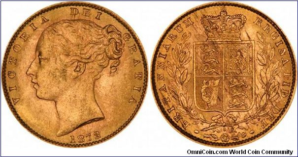 Die number 108 below shield on this 1872 Victoria sovereign. Compare with the non-die number version.