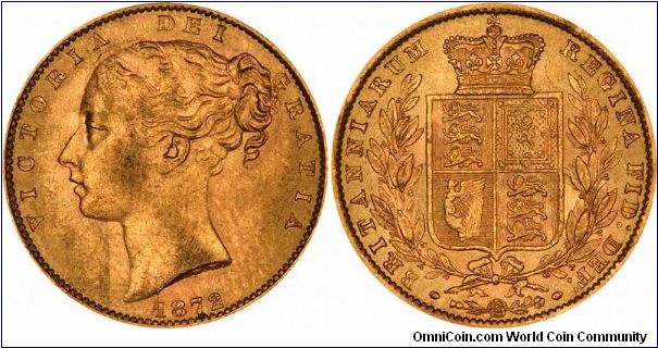No die number on reverse of this 1872 Victoria young head shield sovereign. Compare with the die number version.