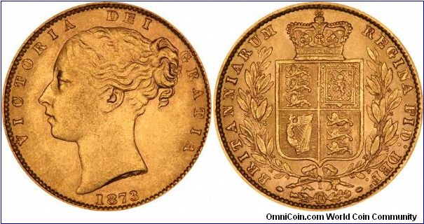 Die number 1 below shield on an 1873 Victoria young head shield sovereign.