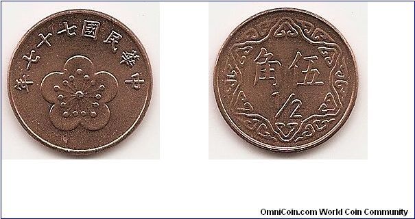 1/2 Yuan
Y#550
3.0000 g., Bronze, 18 mm. Obv: Orchid Rev: Value and Chinese
symbols Edge: Plain