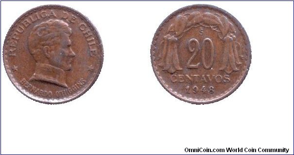 Chile, 20 centavos, 1948, Cu, General Bernardo O'Higgens.                                                                                                                                                                                                                                                                                                                                                                                                                                                           
