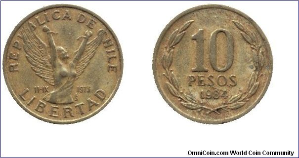 Chile, 10 pesos, 1984, Ni-Brass, Libertad, 1973 11-IX.                                                                                                                                                                                                                                                                                                                                                                                                                                                              