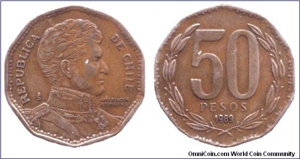 Chile, 50 pesos, 1989, Al-Bronze, Libertador B. O'Higgins.                                                                                                                                                                                                                                                                                                                                                                                                                                                          
