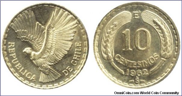 Chile, 10 centesimos, 1962, Al-Bronze, Condor.                                                                                                                                                                                                                                                                                                                                                                                                                                                                      