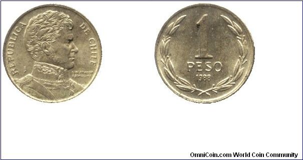 Chile, 1 peso, 1988, Al-Bronze, Bernardo O'Higgins.                                                                                                                                                                                                                                                                                                                                                                                                                                                                 