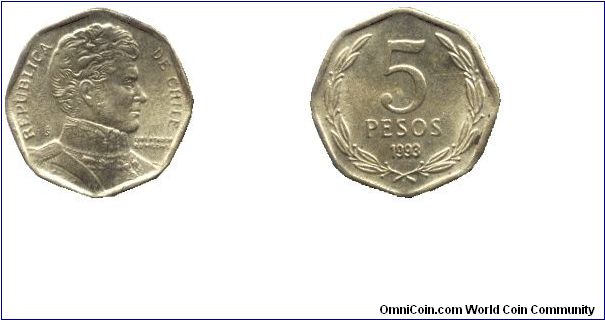 Chile, 5 pesos, 1993, Al-Bronze, Republica de Chile, Libertador Higgins.                                                                                                                                                                                                                                                                                                                                                                                                                                            