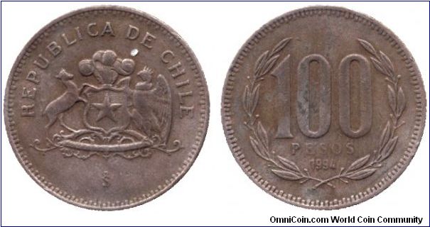 Chile, 100 pesos, 1994, Al-Bronze, Republica de Chile.                                                                                                                                                                                                                                                                                                                                                                                                                                                              