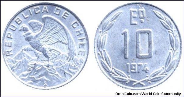 Chile, 10 escudos, 1974, Al, Condor, Republica de Chile.                                                                                                                                                                                                                                                                                                                                                                                                                                                            