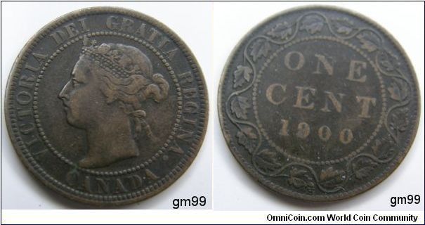 One Cent (Bronze) Obverse:Laureate head left 
Reverse: Denomination and date within beaded circle, chain of leaves surrounds. Legend; VICTORIA DEI GRATIA REGINA CANADA, No H