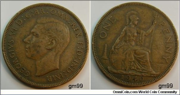 Penny (1937-1940, 1946-1948)
Obverse;  Bare head of George VI left 
GEORGIVS VI D:G:BR:OMN:REX F:D:IND:IMP. 
Reverse;  Britannia seated right on rock by sea, holding shield and trident, lighthouse to left 
ONE PENNY date 1940