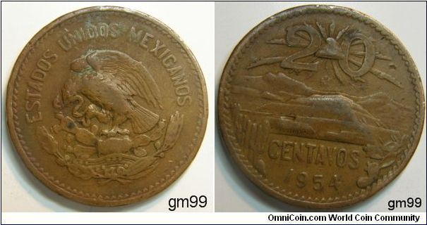 Bronze,28.5mm.
Obverse-national arms, eagle left
Reverse-Liberty cap divides value above hills,written value and date flanked by plants. NOTE mintmark-Mo
Twenty Centavos