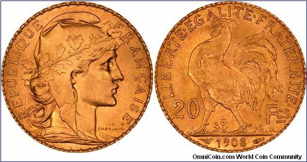 French gold rooster. Head of Marianne or Ceres on obverse, with cockerel reverse. Very popular with French farmers to keep under their beda.