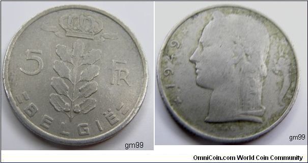 5 Francs (Copper-Nickel) : 1948-1981
Obverse; Crowned sprig,
5 FR BELGIQUE
Reverse; Laureated head left, cornucopiae behind,
date 1949