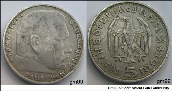 5 Reichsmark (1935-1936) Hindenburg. 0.900 silver