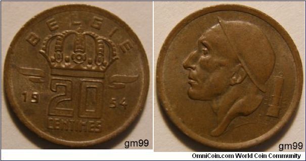 200 Centimes (Bronze) Obverse; Crowned value,
 BELGIQUE 20CENTIMES date 1954
Reverse; Head with hat left,
No legend