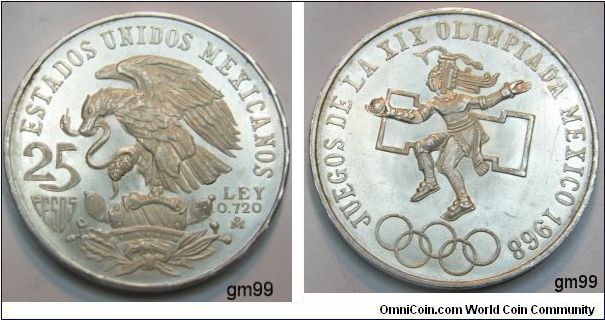 22.5000g.,0.7200 Sliver .5209 oz. ASW,38mm.
Obverse-National arms, eagle left. Reverse-Olympic rings below dancing native, numeral design in background. Designer: Lorenzo Rafael. NOTE: Type I, Rings aligned. 25 Pesos