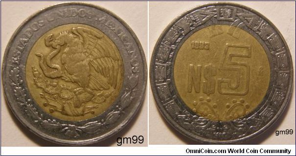 Bi-Metallic Aluminum-Bronze center in  Stainless Steel ring, 25.5mm. Obverse- National arms, eagle left with circle. Reverse-Value and date within circle with bow below. 5Nuevos Pesos