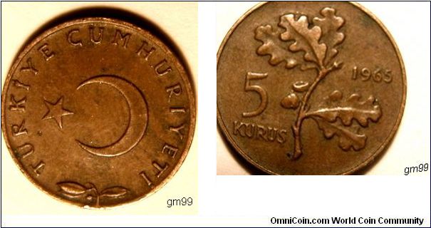 5 Kurus (Bronze) : 1958-1968
Obverse; Star and Crescent above sprig,
TURKIYE CUMHURIYETI
Reverse; Sprig dividing denomination and date,
date 1965, 5 KURUS