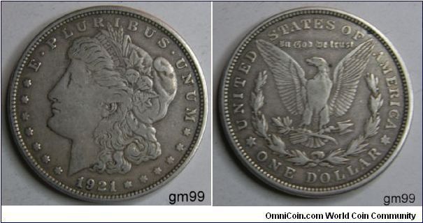 MORGAN DOLLAR 1921D
Obverse Legend: E. PLURIBUS. Reverse Legend: UNITED STATES OF AMERICA.  Obverse; Laureate head left, date below flanked by stars Reverse; Eagle within 1/2 wreath
Metal Content:
Silver - 90%
Copper - 10%
Weight: 26.73 grams
Edge: Reeded