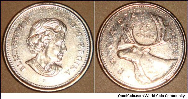 Canada, 25 cents, 2003 New Obverse, 2003-2006 Regulation Coin Caribou