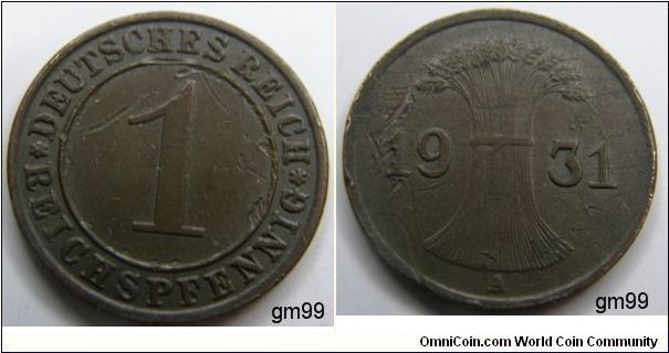 1 Reichspfennig (1924-1936)1931 Mint Mark -A