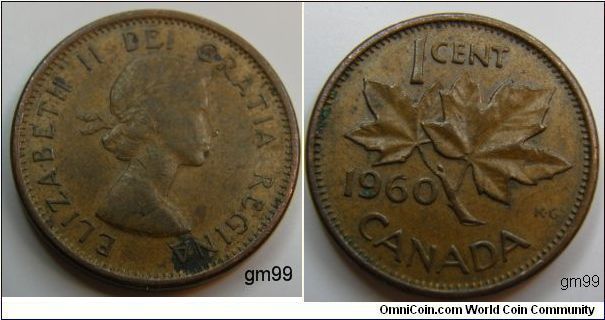 Without strap. Obverse;Queen Elizabeth II. Reverse; Maple leaf divides date and denomination. Bronze, 1 Cent