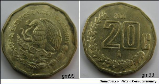 Brass, Reverse: National arms, eagle left. Reverse: Value and date.20 Centavos