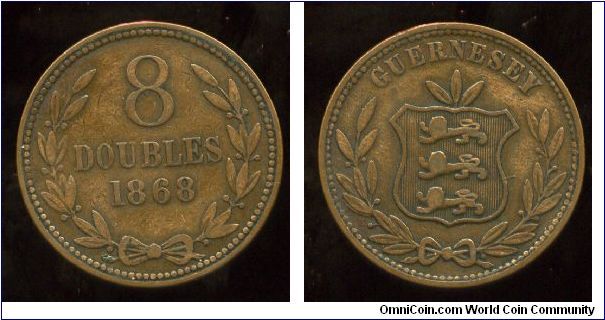 1868
8 doubles 
Value & date in wreath
Coat of arms on shield in wreath