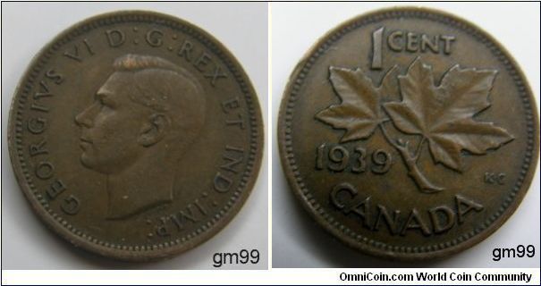 Obverse;King George VI left. Reverse;Maple leaf divides date and denomination. Bronze/Brown, 1 Cent