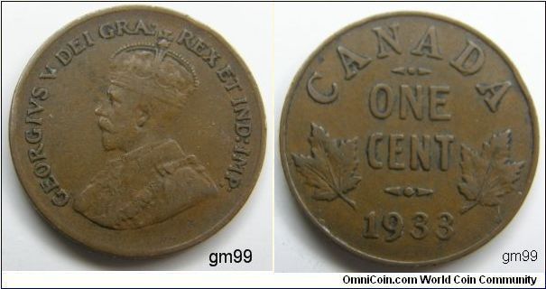 Obverse;King George V left. Reverse; Denomination above date, leaves flank. Bronze, ONE CENT