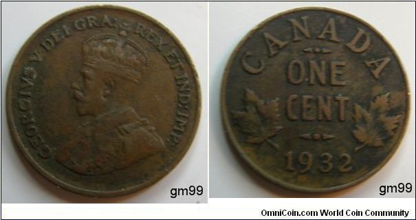 Obverse;King George V bust left, Reverse; Denomination above date, leaves flank. One Cent, Dark Brown, Bronze
