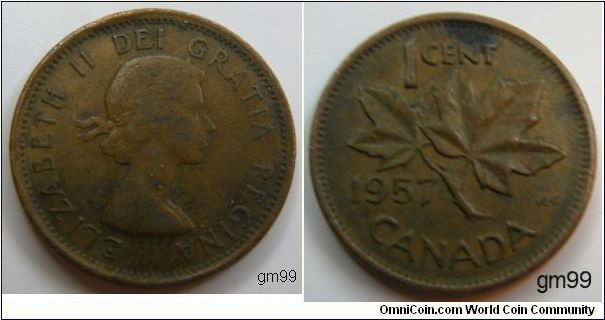Without strap. Obverse;Laureate bust right. Reverse. Maple leaf divides date and denomination.  1 Cent,Dark Brown