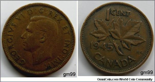 Obverse;King George VI left. Reverse; Maple leaf divides date and denomination.
1 Cent
Bronze/Dark Brown