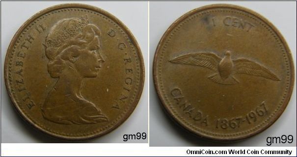 Confederation Centennial, Obverse; Queen Elizabeth II head right. Reverse; aaaaaadove with wings spead, denomination above, two dates below. Bronze, 1 Cent