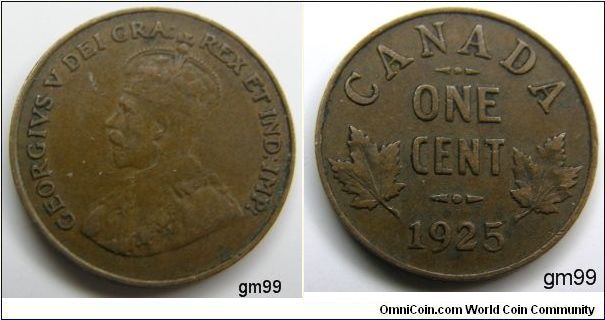 Obverse;King George V left. Reverse; Denomination above date, leaves flank. One Cent.
bronze/Dark Brown