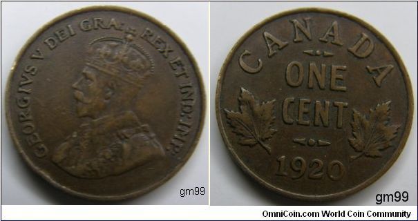 obverse;King George V left, Reverse; Denomination above date, leaves flank.
One Cent.
bronze/Dark Brown