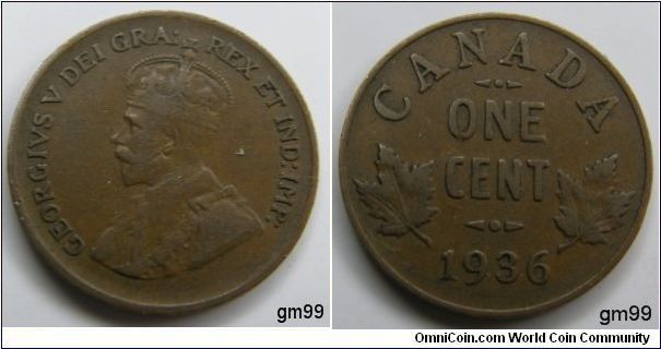 Sorry,No Dot under 1936.Obverse; King George VI left. Reverse; Maple leaf divides date and denomination. Bronze. 1 Cent, Dark Brown