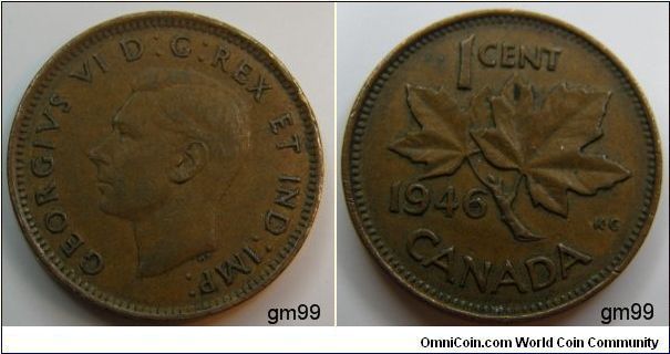 Obverse;King George VI left. Reverse; Maple leaf divides date and deomination. Edge; Plain, Bronze,
1 Cent, Dark Brown
