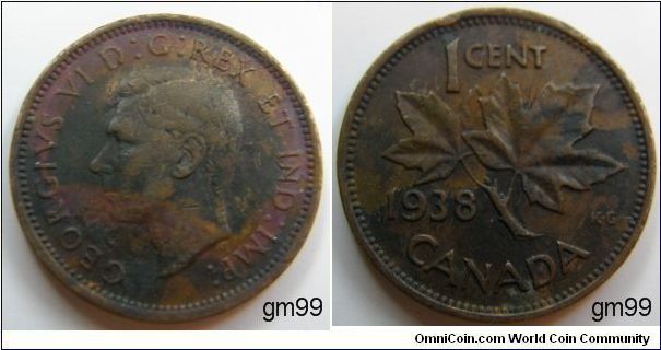 Bronze,Obverse; King GeorgeVI left Reverse; Maple leaf divides date and denomination.
1 Cent. Dark Brown/ Nice tones