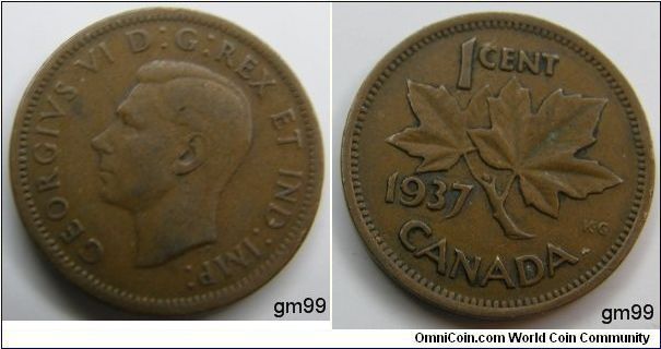 Obverse;King George VI left. Reverse; Maple leaf divides date and denomination, Bronze/ Brown. 1 Cent