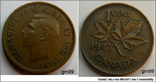 No Maple leaf behind the 7, Obverse;King George VI left. Reverse; Maple leaf divides date and denomination, Bronze,
1 Cent