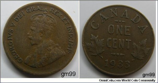 Obverse;King George V left. Reverse; denomination above date, leaves flank One Cent, Dark Brown