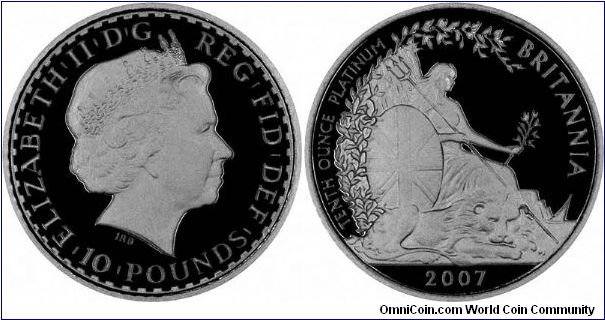 One tenth ounce platinum bullion proof Britannia, issued as part of a 4-coin set, and also separately,