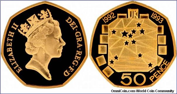 Dual dated 1992 / 1993 gold proof version of British fifty pence to commemorate the United Kingdom's Presidency of the Council of Ministers during the second half of 1992 and the completion of the Single European Market which came into effect on 1st January 1993.