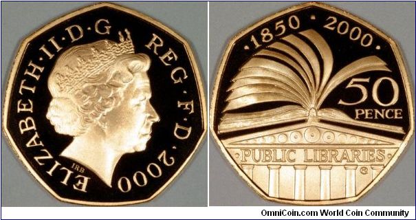 This reverse design depicts turning pages of a book above the pediment of a classical library building, its facade covered with CDs to give a modern perspective, and was created by sculptor Mary Milner Dickens, commemorating the 150th anniversary of British Public Libraries.