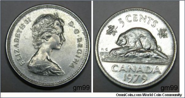Obverse;Queen Elizabeth II right Reverse; 5 Cents, Beaver on rock divides date 1979 and denomination